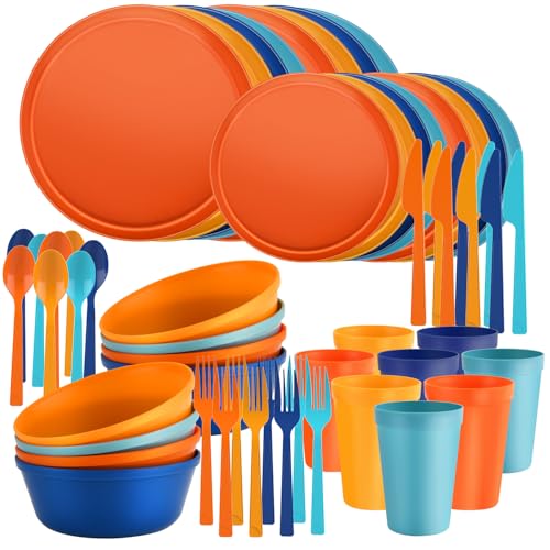 ZIVONA 40 Piece Apartment Essentials Dinnerware Set, Stackable Space-Saving Plates & Large Flat Bowls (Pasta/Salad), Modern Matte Unbreakable Plastic Dishes, Microwave Safe, Fiesta