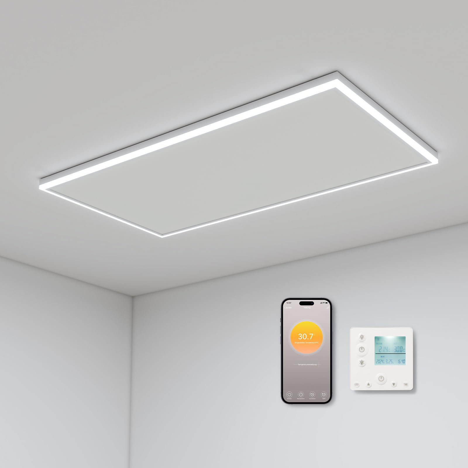 Infrarot Deckenheizung 840 Watt mit LED Beleuchtung, Thermostat & App Steuerung 128x63cm