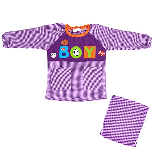 Bata Escolar Niña y Niño sin Botones para Colegio y Guarderías con Bolsa Comedor Estampado Boy. (Lila, 2 año) Cover