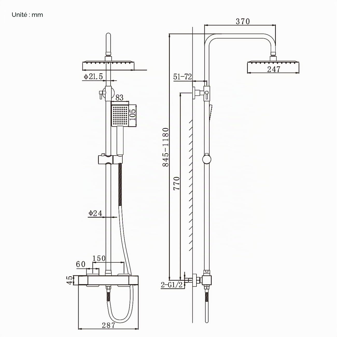 Colonne de Douche Thermostatique avec Mitigeur, Ensemble de Douche | Carrée Système de Douche avec Pommeau de Douche | ABS Douche à Main | Réglable en Hauteur | Chromé
