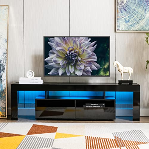 Hakfoo Modern Led Tv Stand For 70/65/55 Inch Tv, Modern Entertainment Center With 1-2 Storage Drawers, High Gloss Tv Cabinet,Television Stand For Living Room,App/Remote Rgb Light (Black 1, 63Inch) #TOP3