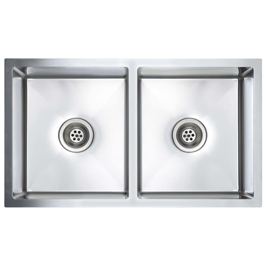 vidaXL Fregadero Cocina Hecho a Mano Doble Seno Grado Alimentario Diseño de 2 Seno Extraprofundo Flujo Rápido Acero Inoxidable
