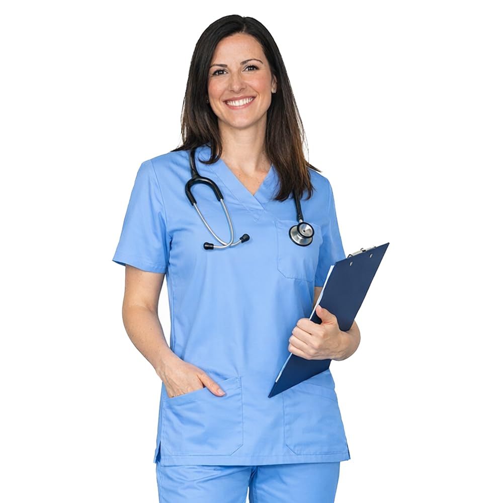 Sky Unisex Medical Scrub Tunic Tops - Nursing Tops for Women & Men | Medical Uniforms & Scrubs Set | Lightweight Nurse Uniform for Women | Work Tops for Women UK, Sky, XL
