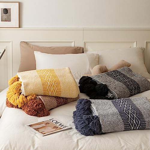Lipor Ultra Soft Cozy Warm Plush Boho Yellow Vintage Throw Blanket With Tassels Lightweight Fleece Fluffy Microfiber Knitted Bed Blanket Home Decor For Sofa Couch Christmas 51"X63" (Yellow, 51“X63) #TOP5