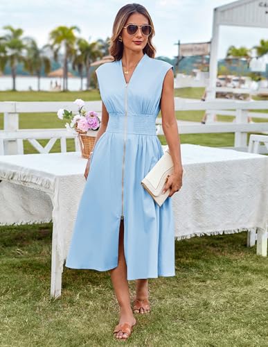 Image of Summer Dresses for Women 2025 V Neck Sleeveless Zipper Dinner Vacation Beach Midi Flowy Sundress Light Blue S