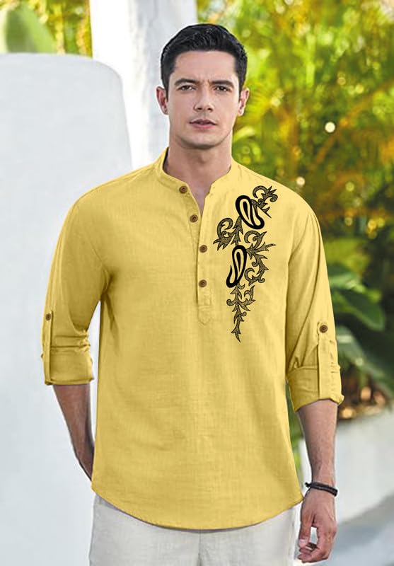 Image of Men's Printed Cotton Blend Short Kurta | Regular Fit Casual Kurta Shirt for Men with Mandarin Collar | Ethnic