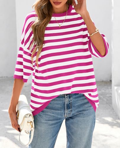 PRETTYGARDEN Womens Spring Summer Tops Fashion Striped Short Sleeve Sweater Crew Neck Lightweight Knit Oversized Shirts 20253