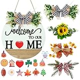 Interchangeable Welcome Sign for Front Door with 4 Seasonal Wreaths and 14 Changeable Icons, Farmhouse Front Porch Décor, Front Door Decoration, Seasonal Rustic Wooden Wall Sign home décor (7wood)