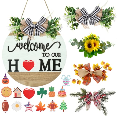 Interchangeable Welcome Sign for Front Door with 4 Seasonal Wreaths