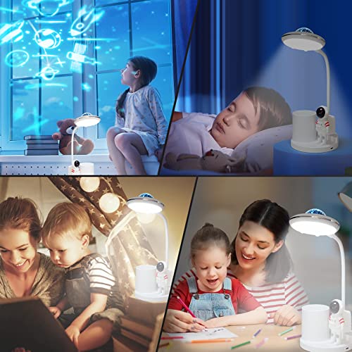 Aluocyi Led Desk Lamp For Kids, Astronaut Cute Small Desk Lamp With Usb Charging Port, Pen Holder, Projection Night Lights For Kids, White Desk Lamp, Eye-Caring Study Table Lamp For Boys Bedroom #TOP6