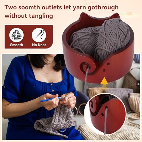 Image of XIEJ Cat Yarn Holder Set, 7 X 4inch Wooden Cat Yarn Bowl for Crocheting, Knitting Bowl with Crochet Hooks Knitting Tools for Crocheters Knitters Craft（Vintage Color）