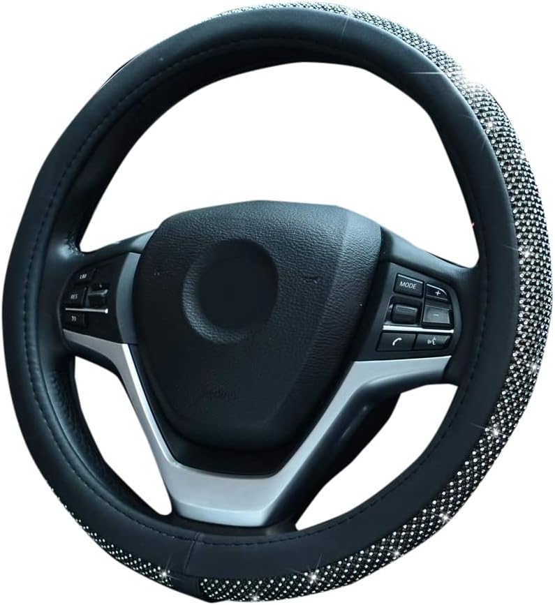 Bling Bling Rhinestones Steering Wheel Cover for Women Diamand Crystal Steering Wheel Cover with PU Leather Universal Fit 15 Inch Black