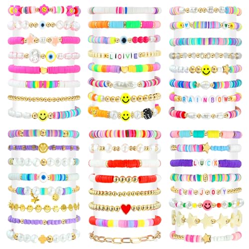 48 Pcs Surfer Heishi Bracelets Clay Beaded Bracelet Stackable Rainbow Friendship Preppy Bracelets Beach Summer Jewelry for Women