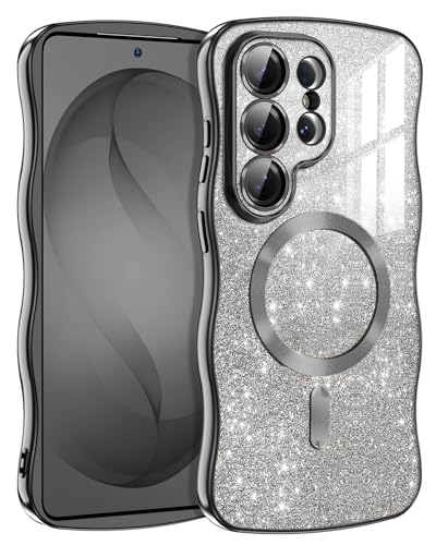 Meshine for Galaxy S26 Ultra Case, [Compatible with MagSafe][Built-in Camera Lens] Magnetic Curly Wavy Frame Shockproof Shiny Cute for Women Girls Cover for Samsung Galaxy S26 Ultra,Glitter Black - image 1