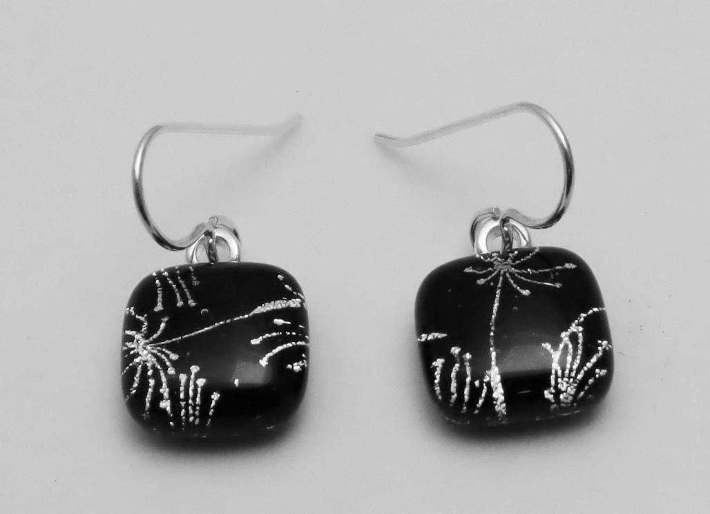 Barbara McCray Petite Fireworks Sparklers Silver Black Fused Dichroic Glass Sterling Silver Dangle Earrings N142