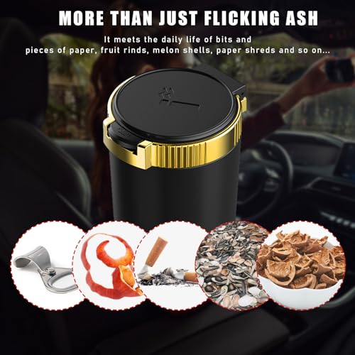 Image of Dickno 2 PCS Car Ashtray with Lid, Detachable Stainless Smokeless Auto Ashtray, Portable Mini Vehicle Trash Can with LED Blue Light, Universal Interior Accessories for Cup Holder (Golden)
