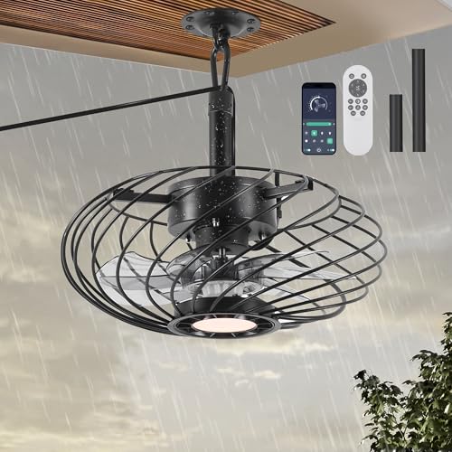 OSGNER 15" Outdoor Ceiling Fan with Light, Waterproof Gazebo Fan Remote Control, Dimmable LED Light, Hanging Black Caged Ceiling Fixtures with Plug in Cord for Patios Pergola by OSGNER - Used condition - US$71.99