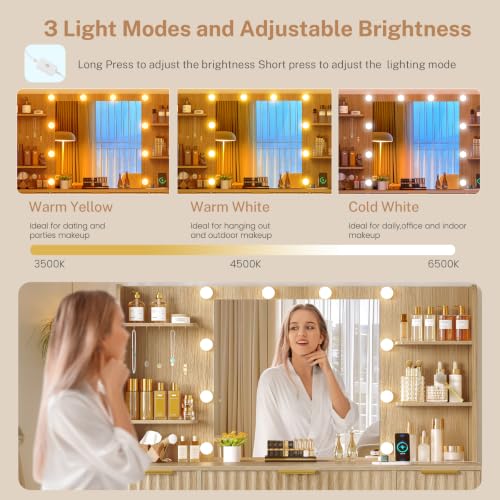 Image of FIONESO Fluted Vanity Desk with Mirror and Adjustable LED Lights & Power Outlet, Makeup Vanity Desk with 7 Drawers,4 Shelves and 5 Hooks, Vanity for Girls, Natural Oak