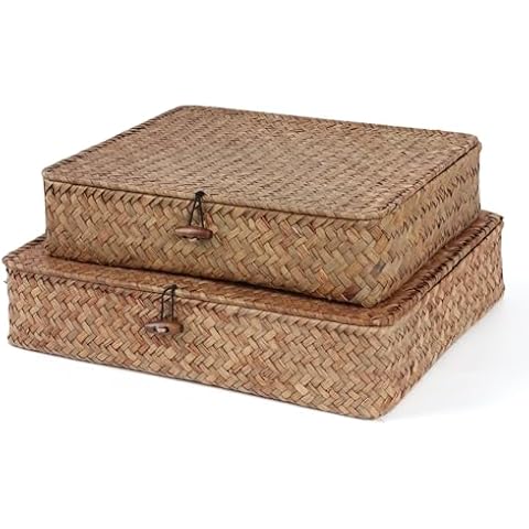 Moosky Flat Wicker Shelf Baskets with Lid, Handwoven Seagrass Basket Boxes for Storage Baskets Bins Home Decor Organizer (Coffee Set of 2) Cover