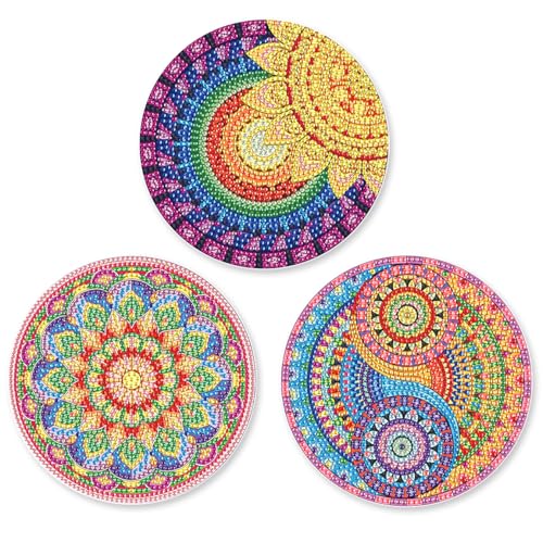 SHEGZHUC 3 Pack Diamond Painting Geschirrmatte Platzset Mandala Bunt 15cm Diamant Malerei Tischsets Topfuntersetzer mit Rutschfester Tellermatte Tischdeko Platzdeckchen für Schüssel Töpfe Pfannen