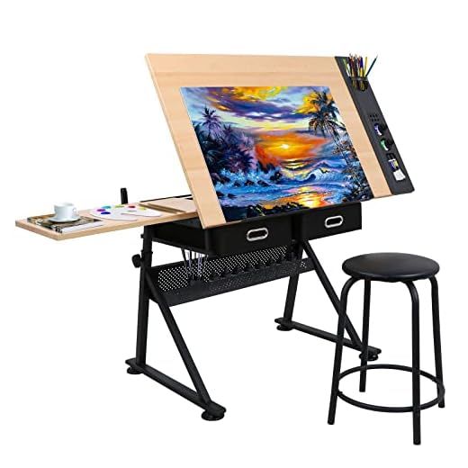 ZENY Height Adjustable Drafting Draft Desk Drawing Table Desk Tiltable Tabletop w/Stool and Storage Drawer for Reading, Writing Art Craft Work Station