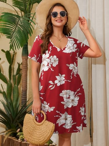 Image of ZENNILO Women's Plus Size Swing Dress with Pockets Casual Summer Dresses V Neck Short Sleeve T Shirt Dress for Women