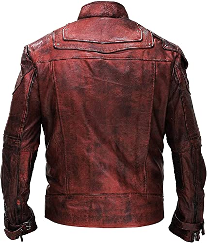 Image of Mens Guardians Superhero Distressed Maroon Star Cosplay Costume Leather Biker Jacket
