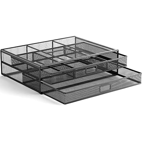 HUANUO Monitor Stand with 2 Storage Drawers - Metal Mesh Desk Organisers, Support Laptop, Notebook, PC, Monitor, Printer, Scanner up to 15 KG Cover