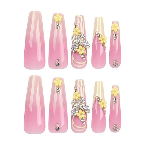 Miniatura 4 de Uñas postizas largas a presión, uñas postizas amarillas con diseño de flor de mariposa 3D, cobertura completa, acrílico, pegamento falso en uñas