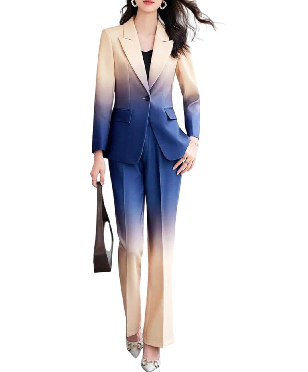 Womens Notch-Neck Long-Sleeved Ombre Print Single-Button Blazer and Flared Pants Set