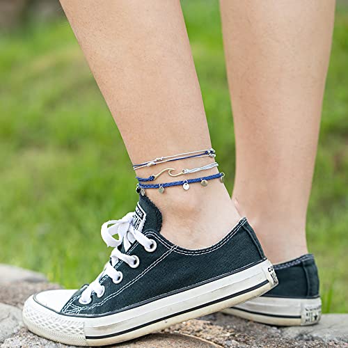 Image of Waterproof String Anklets Cute Beaded Ankle Bracelets Beach Wave Anklet Stainless Steel Coin Boho Ankle Jewelry for Women