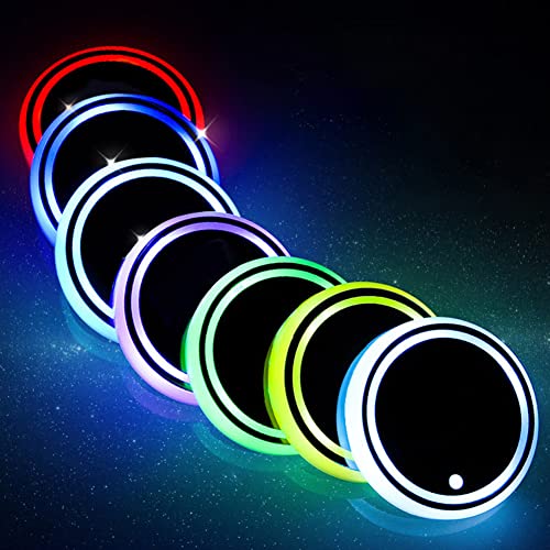 2pcs LED Car Cup Holder Lights, 7 Colors Changing USB Charging Mat Waterproof Cup Pad, LED Interior Atmosphere Lamp Decoration Light Car Accessories for Car Truck SUV Vehicle Decor