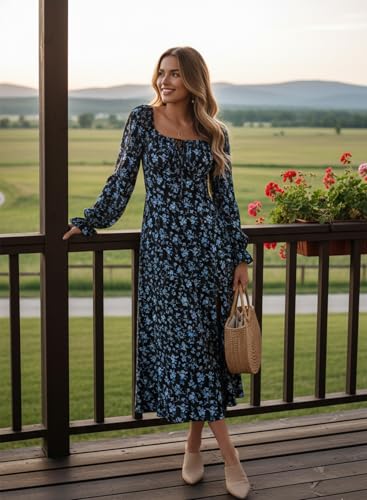 Image of BLENCOT Womens Casual Square Neck Long Sleeve Boho Floral Midi Dress Print Side Split Dresses