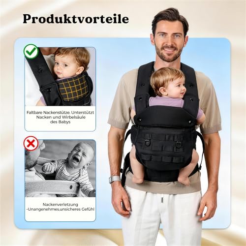 PDBEST Babytrage für Papa, Ergonomische Baby Trage mit Hüftgesunde (4-36 Monate), 3-in-1 Baby Carrier für 3,5-15kg, Leicht, Atmungsaktive, Einhandbedienung für Unterwegs & Reisen Schwarz