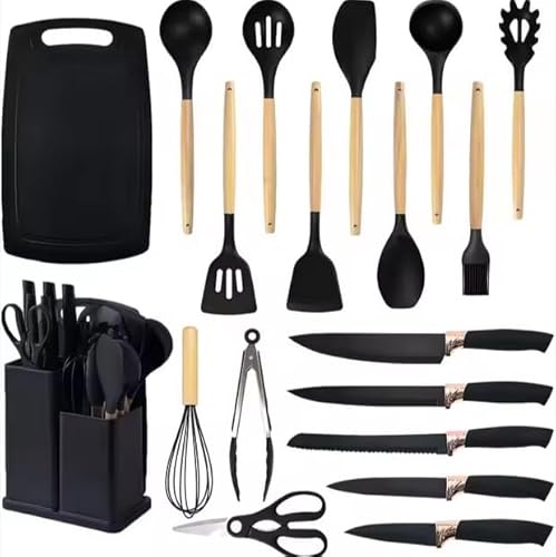 Ustensiles de Cuisine C-ZAM, 19 PCS, Sans BPA, Kit en Bois et Silicone, Acier Inoxydable, Antiadhésif, avec Pot de Rangement, Couteaux, Planche à Découper Haute Qualité (Noir)