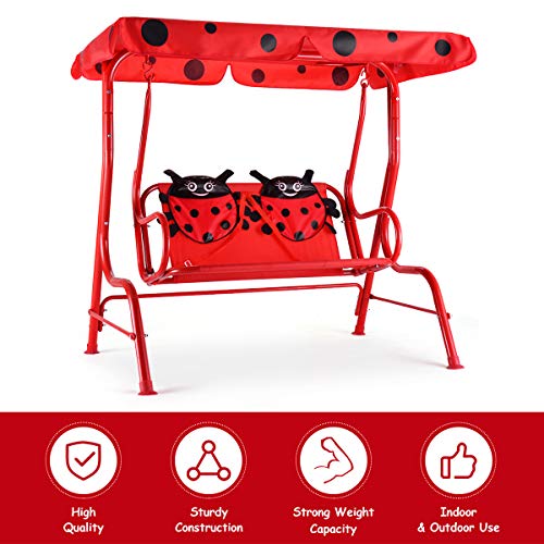 Honey Joy Kids Patio Swing, 2-Seater Outdoor Porch Swing Lounge Chair W/Canopy & Safety Belt, All Weather Resistant Waterproof Hanging Swing Bench For Patio Garden Poolside Balcony(Red Beetle) #TOP3