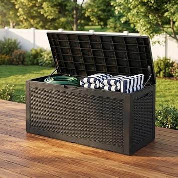 100 Gallon Deck Box, Waterproof Resin Rattan Outdoor Storage Box with Lockable Lid, Fade Resistant Patio Storage Box for Garden Tools, Pool Accessories, Outdoor Cushions, Black
