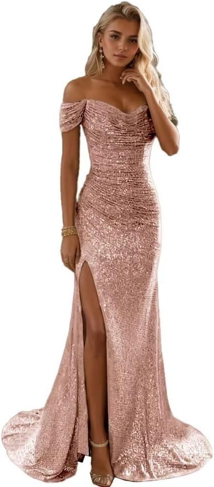 Sequin Mermaid Prom Dress for Women 2024 Long Off Shoulder Formal Evening Gowns with Slit
