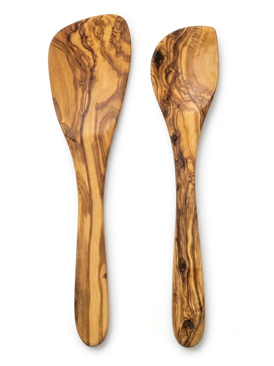 Artisanal Olive Wood Utensil Set, Spoon and Spatula, Natural Wood Grain, 2 Piece Kitchen Cooking Tools, 100% Chemical Free