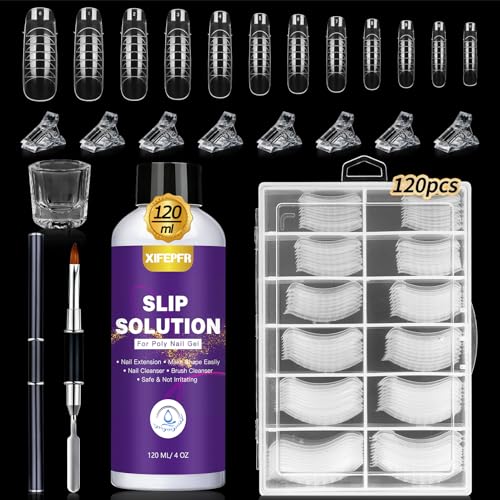 XIFEPFR Slip Solution Polygel Kit, 120ml Extended Gel Slide Anti - adhésif Solution Polygel Liquide avec 120 Double Type Ongle Brosse Clip Tasse pour Bricolage Polygel Manucure, Cadeau pour les Femmes