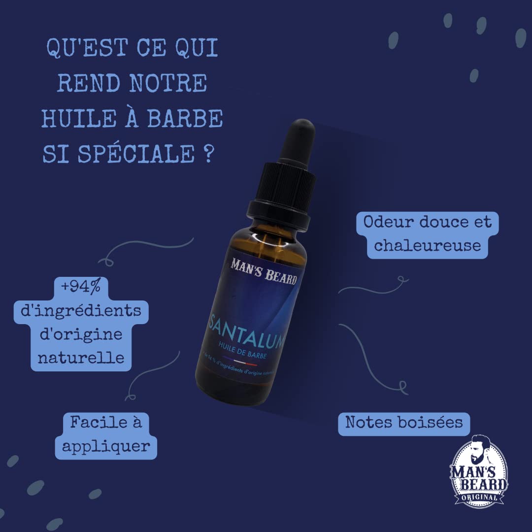 Man's Beard - Huile à barbe parfumée Santalum 30ml – Parfum bois de Santal - Soin et entretien hydratant naturel pour la barbe - Ingrédients d'origine naturelle -100% Fabrication Française