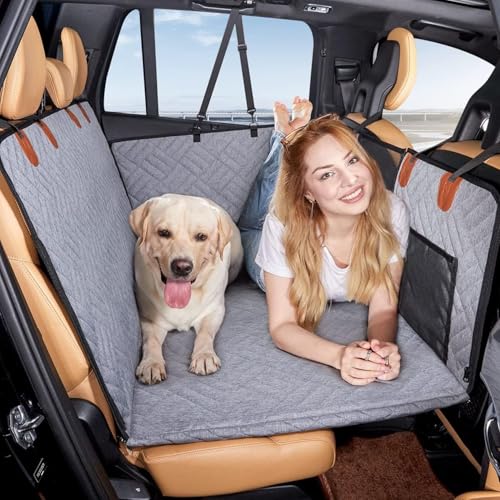 ペット用ドライブシート 全車種汎用 犬 車 シート後部座席 耐摩/滑り止め/防水/汚れ防止 4方向展開 大容量収納ポケット付き 可視メッシュ窓 全車種 全種犬用猫用 車犬カーシート 簡単取り付け(グレー)