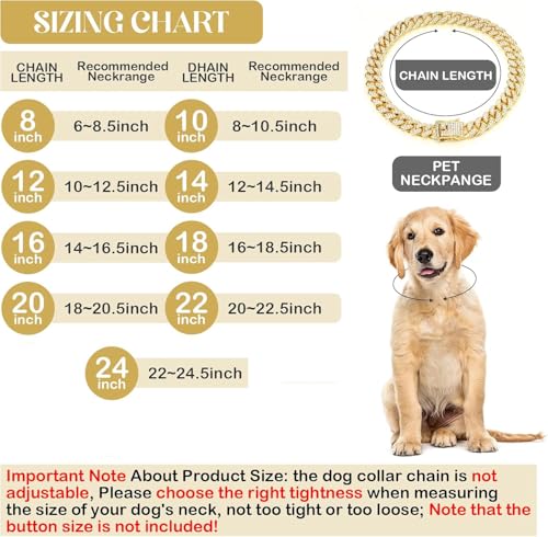 Image of Dog Chain Diamond Collar Walking Metal Chain Collar with Design Secure Buckle, Pet Collar Jewelry Accessories for Small Medium Large Dogs Cats (Gold, 14 Inch)
