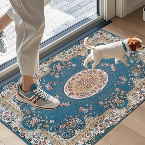 Tapis antidérapant bleu lavable pour sécuriser et décorer le salon - 7