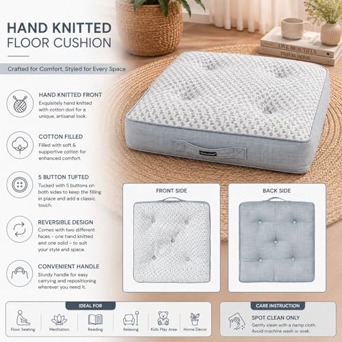 Image of Reversible 60x60x10 cm Grey Woven Quilted Floor Cushion with Cotton Filler for Seating, Patio Seat, Meditation, Yoga, Pooja, Guests, Living Room, Bedroom, Large Size 24x24x4 Inch