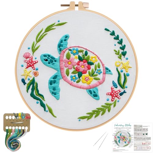 Image of Louise Maelys Sea Turtle Embroidery Kit for Beginners | Cross Stitch Starter Kit for Adults,Stamped Pattern, Hoop, Needles, Threads And Instructions, Easy Craft Gift And Room Decor