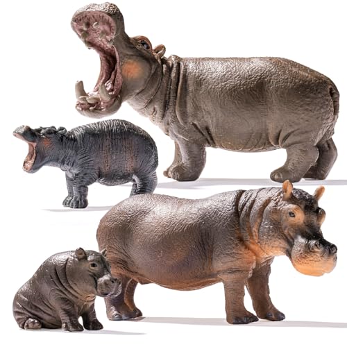 THINKBAY 4PCS Hippo Safari Zoo Animals Figurines Toys, Plastic Animals Figures Toy for Kids Includes Solid Hippopotamus and Cubs, Birthday Gift Party...