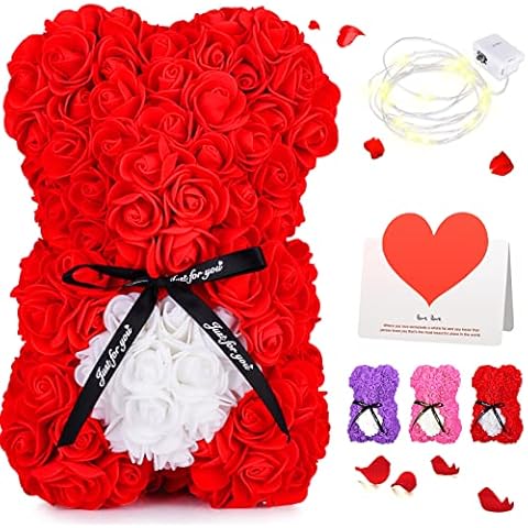 Rose Bear with Box -Artificial Flowers Rose Teddy Bear- The Rose Bear-Valentine's Day Gifts for Her-Gifts for Mom, Wife or Kids-Birthday Gifts& Wedding Decorations-Red Cover