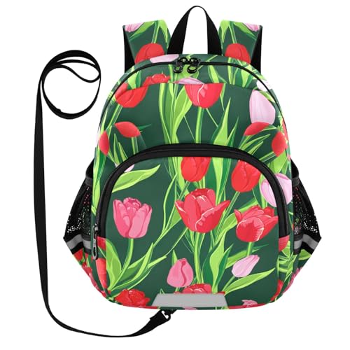Tulips Leaves Floral DarkGreen Toddler Harness Backpack for Boys Girls 3-6 Years Kids Backpack with Anti Lost Safety Leash Child Leash Backpack for Walking Travel Preschool