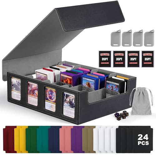 Image of Kabinka Trading Card Storage Box with Commander Display, 4-Row Deck Case with Removable Lid; 2400+ Card Deck Box for MTG TCG Sports Card, 4 Top Loaders, 4 Stoppers, 24 Dividers,1 Dice Bag (Black)
